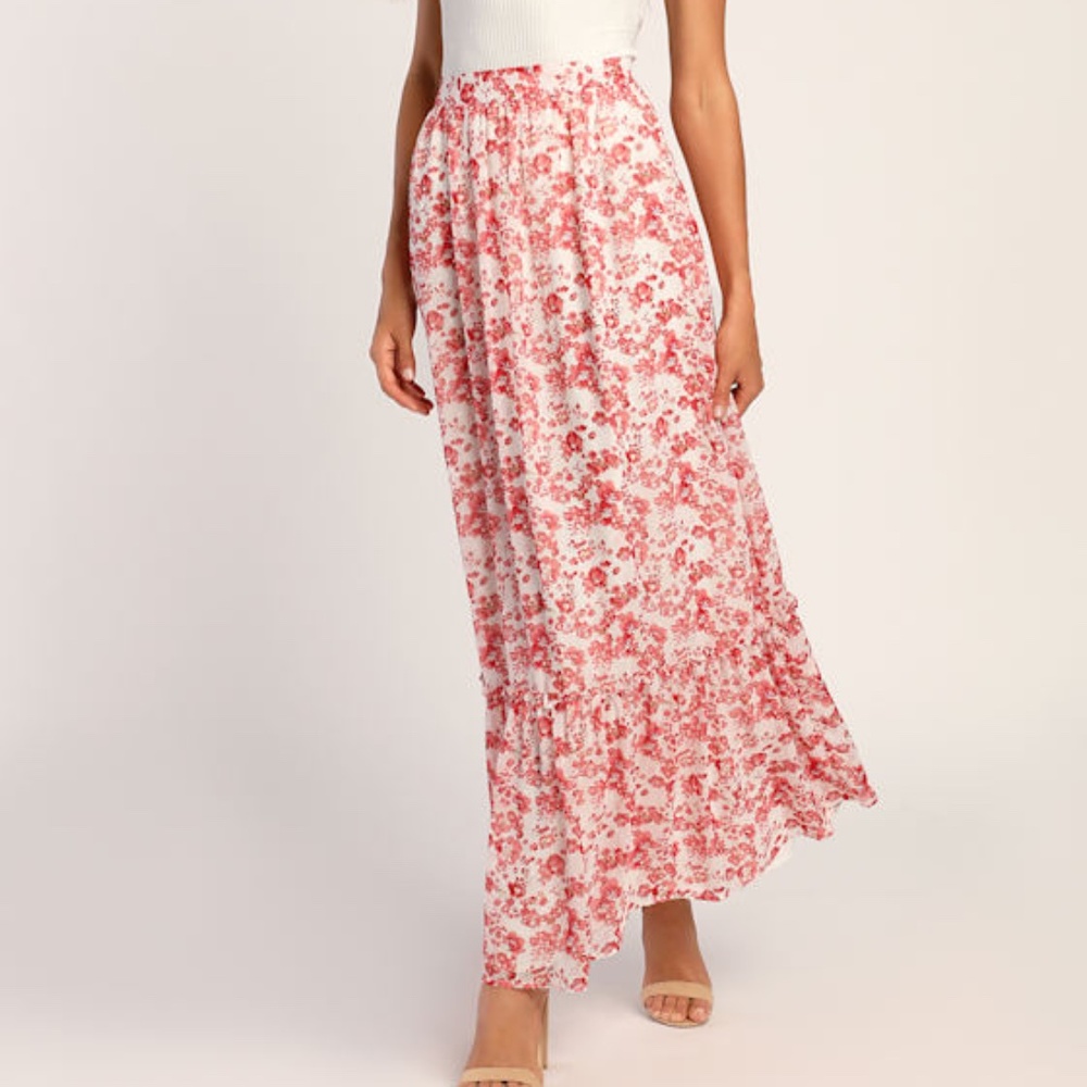 Lulus Sweetly Blooming Ivory Floral Print Tiered Maxi Skirt White - Size M